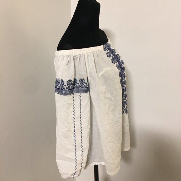 MADEWELL White Blue Cotton Off Shoulder Peasant Embroidered Blouse Top Small - Picture 5 of 10
